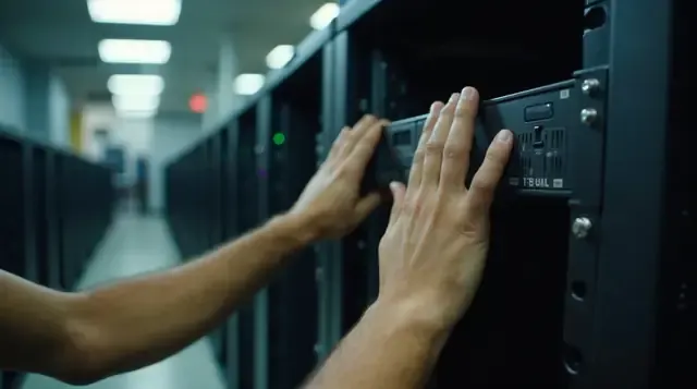 Técnico instalando um servidor no rack
