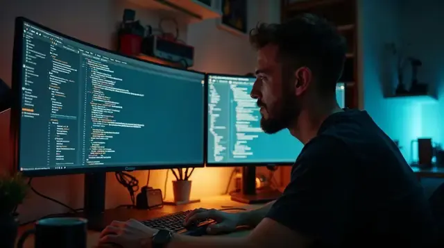 Desenvolvedor trabalhando no terminal à noite