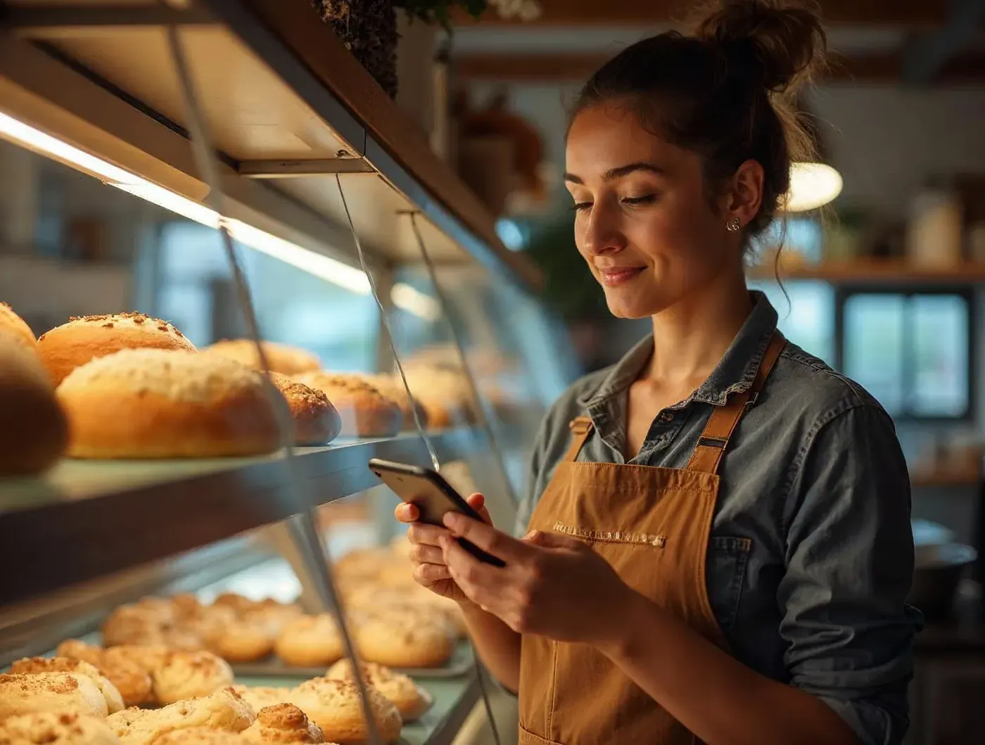 Dona de padaria conferindo um pedido no celular