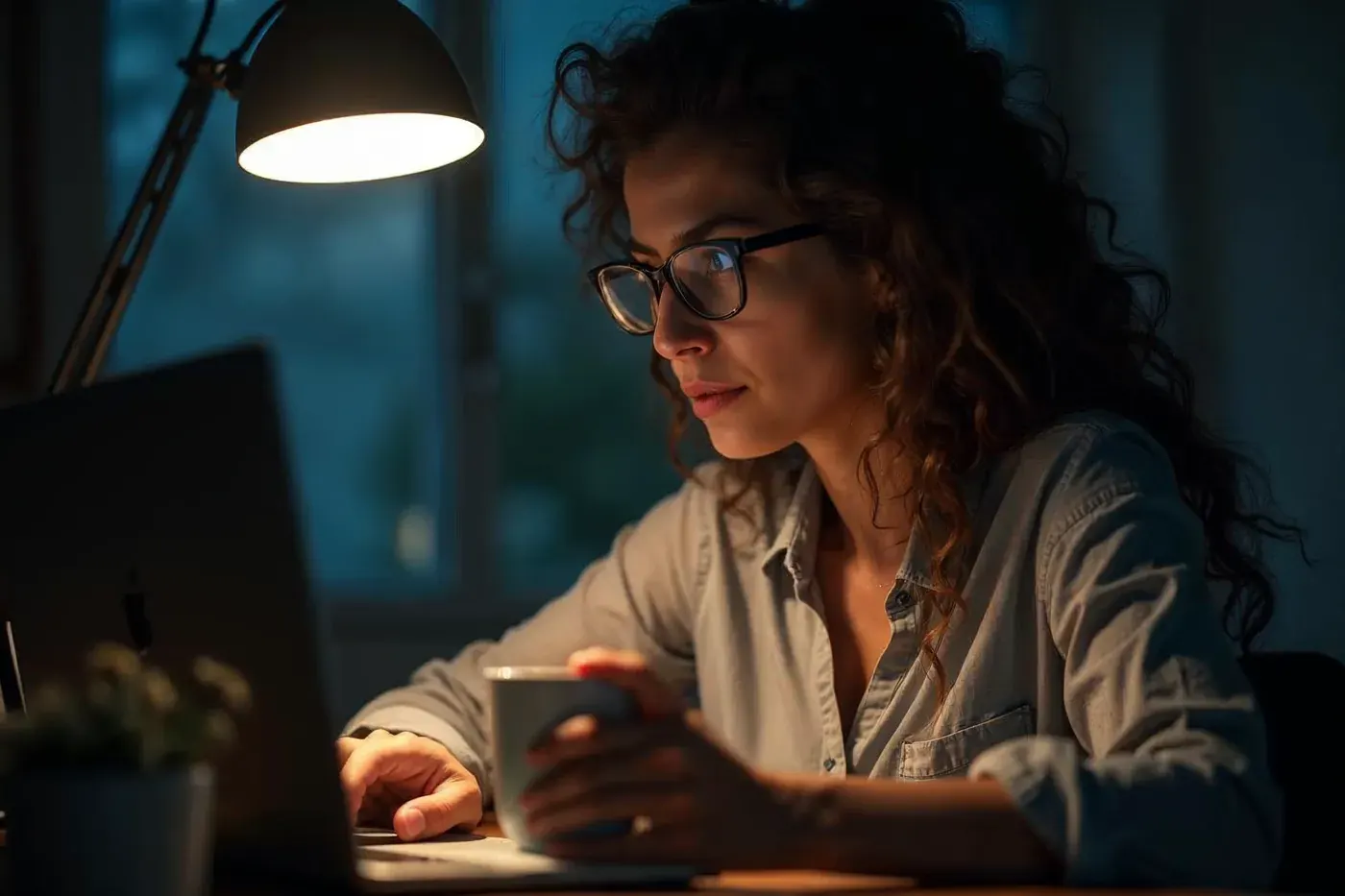 Desenvolvedora criando um app à noite