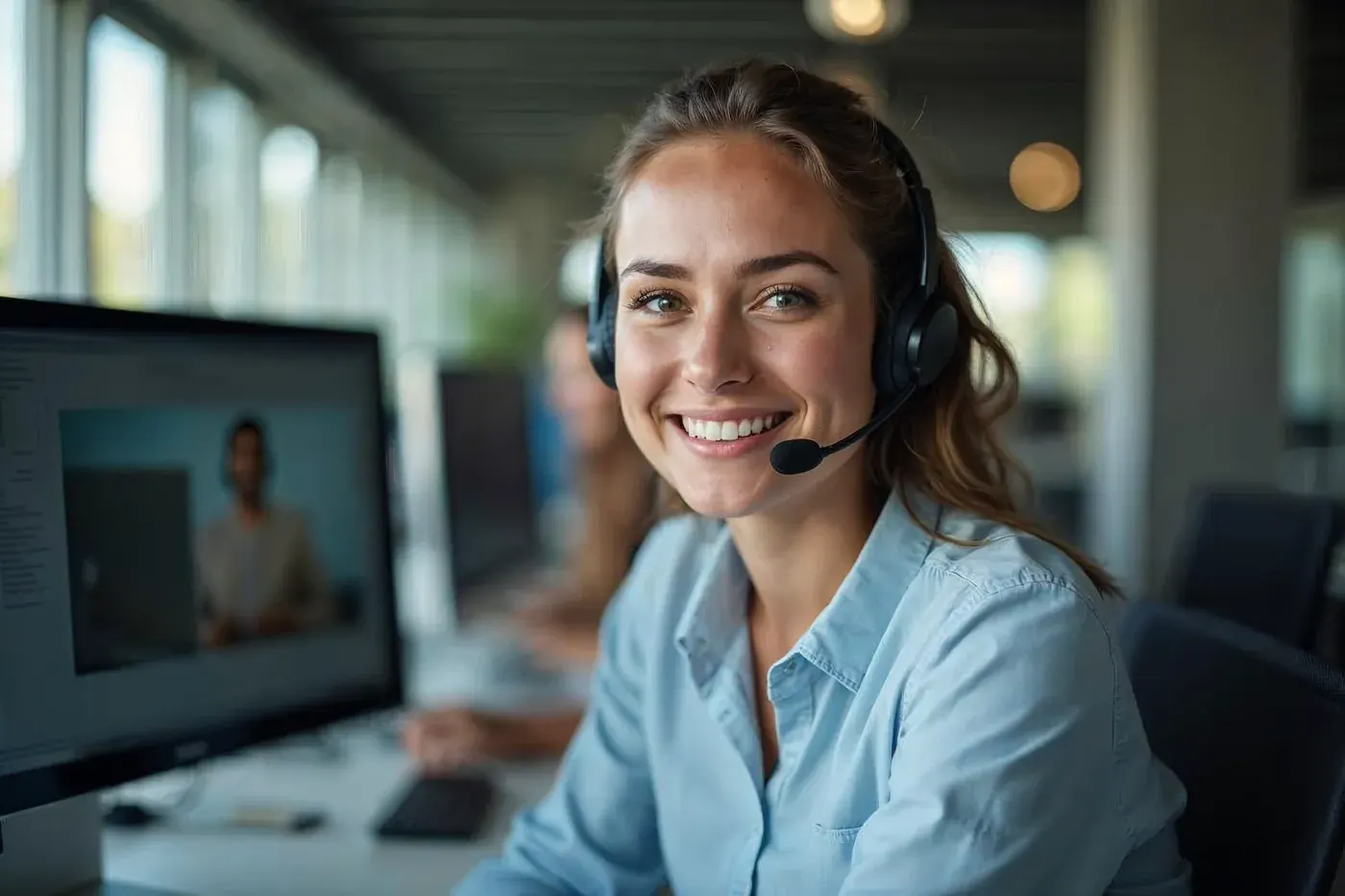 Atendente com headset respondendo clientes