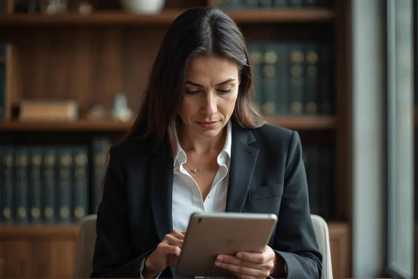 Advogada lendo e-mail no tablet