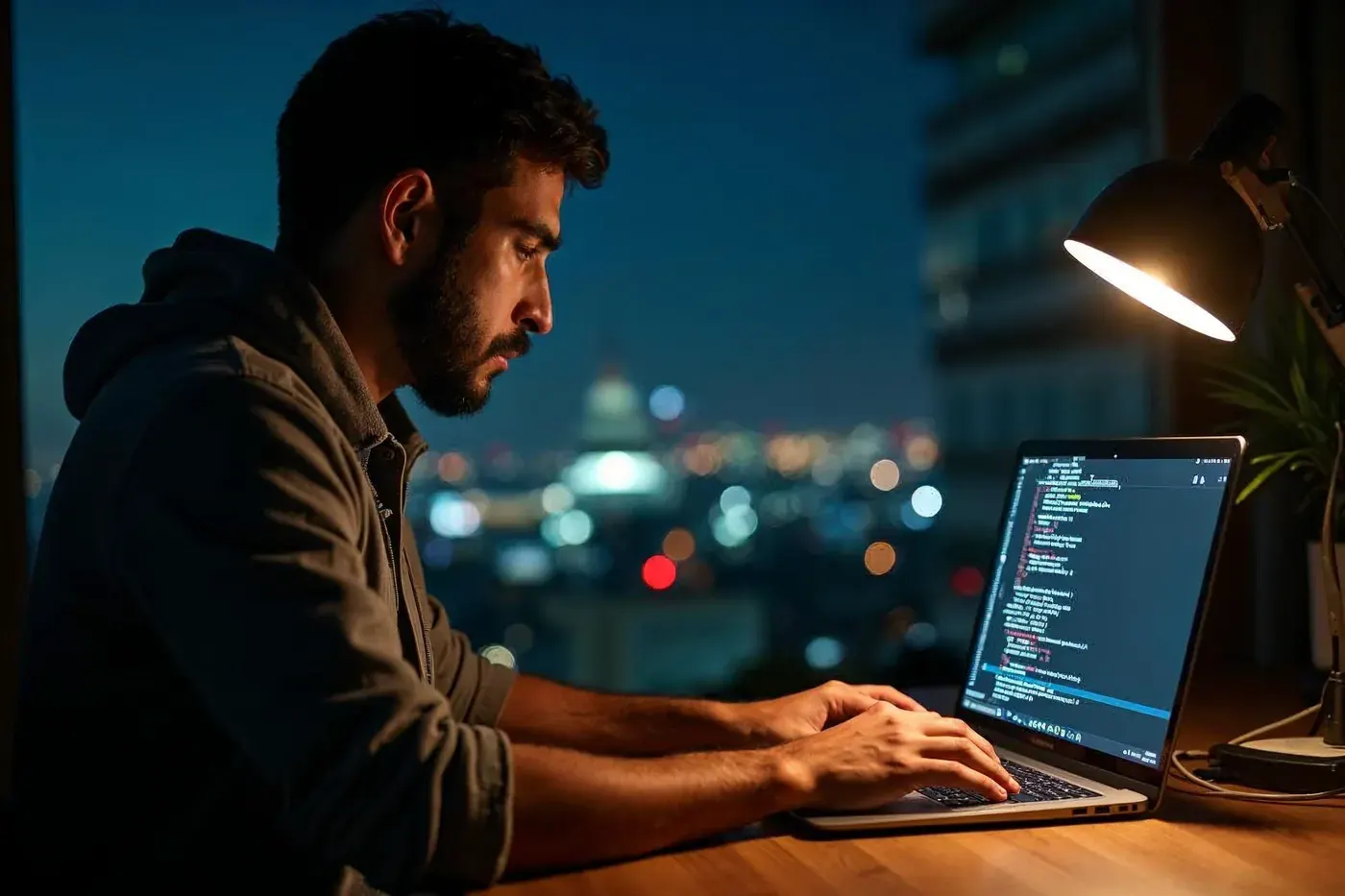 Desenvolvedor trabalhando no terminal à noite