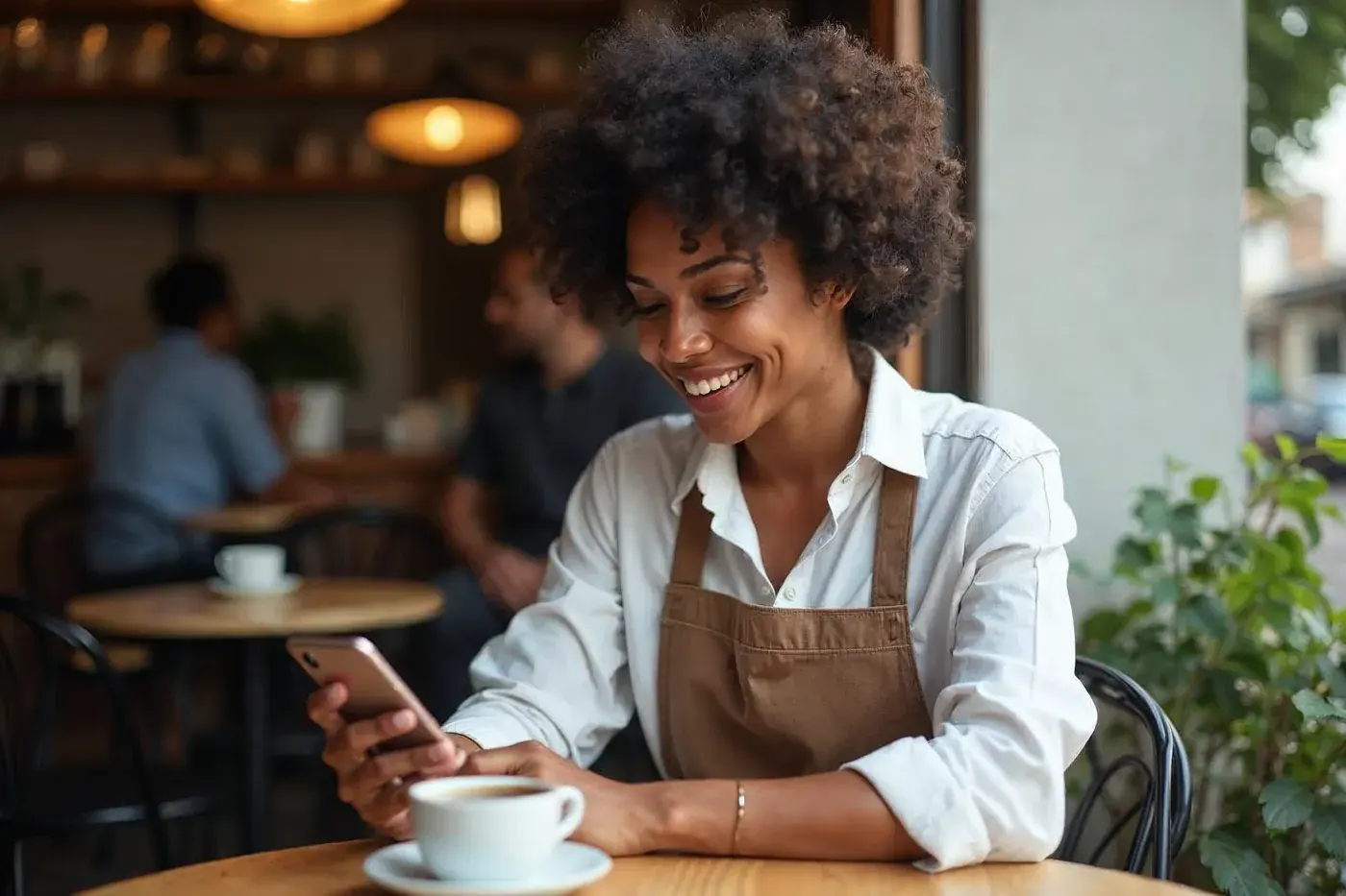 Dona de café acompanhando mensagens no celular