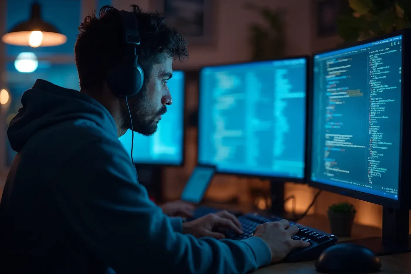 Desenvolvedor trabalhando no terminal à noite