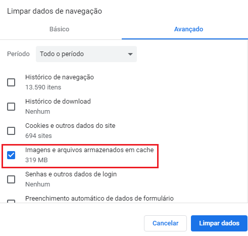 Limpar cache do Chrome - opção imagens e arquivos em cache