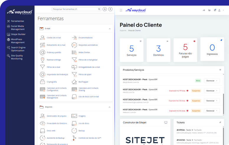 Painel de controle da hospedagem WordPress Way Cloud