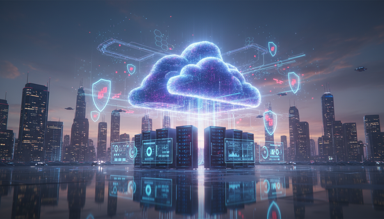 Ilustração de um site (casa digital) sobre uma fundação sólida de servidores, simbolizando uma hospedagem de site de alta performance e segurança.