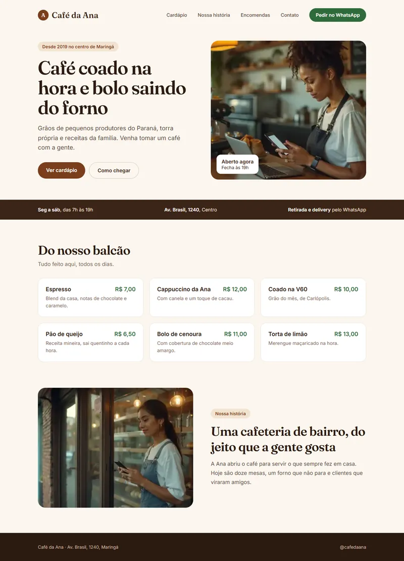 Prévia do site Café da Ana no endereço de teste