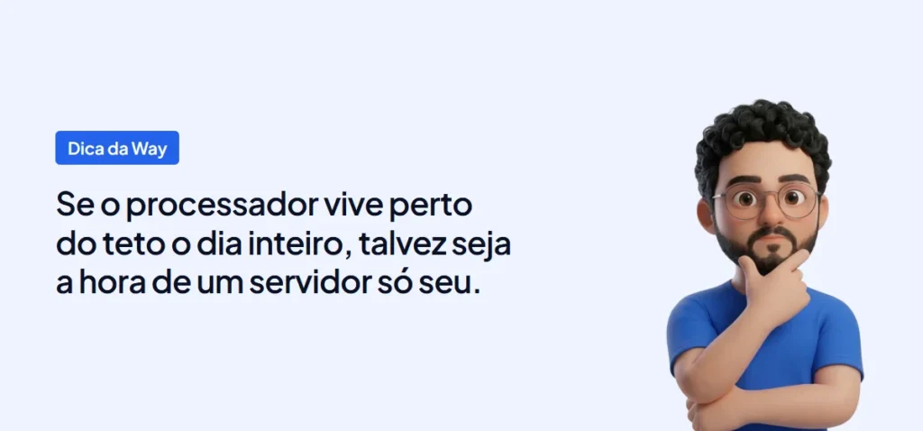 Mascote da Way Cloud pensando: se o processador vive perto do teto o dia inteiro, talvez seja a hora de um servidor dedicado