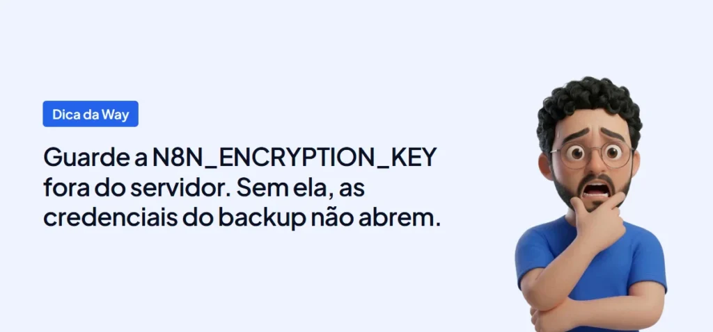 Mascote da Way Cloud preocupado: guarde a N8N_ENCRYPTION_KEY fora do servidor para não perder as credenciais