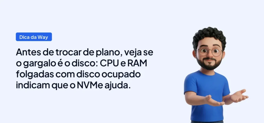 Mascote da Way Cloud com a dica: Antes de trocar de plano, veja se o gargalo é o disco: CPU e RAM folgadas com disco ocupado indicam que o NVMe ajuda.